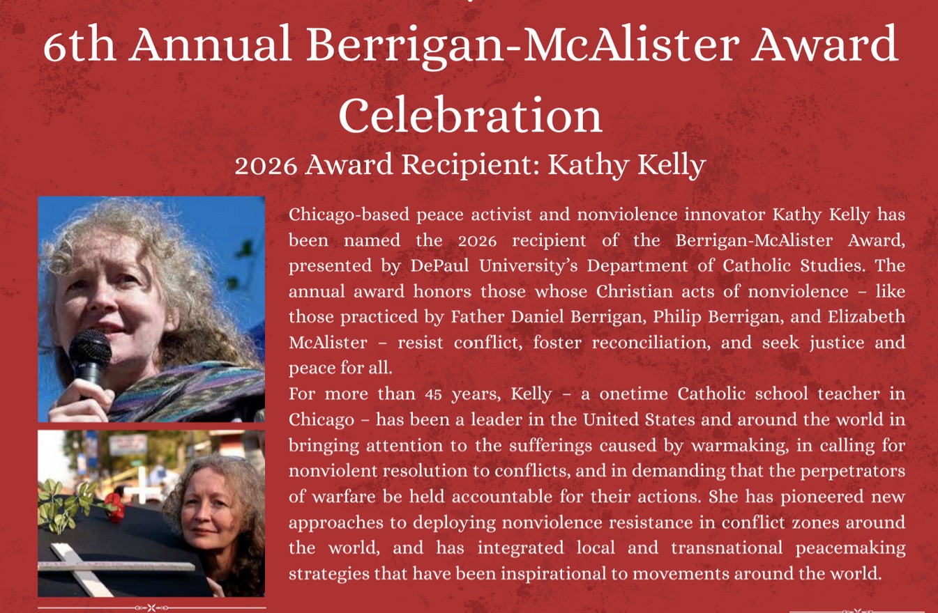 Peace Activist Kathy Kelly to be Honored 2026 Berrigan-McAlister Award