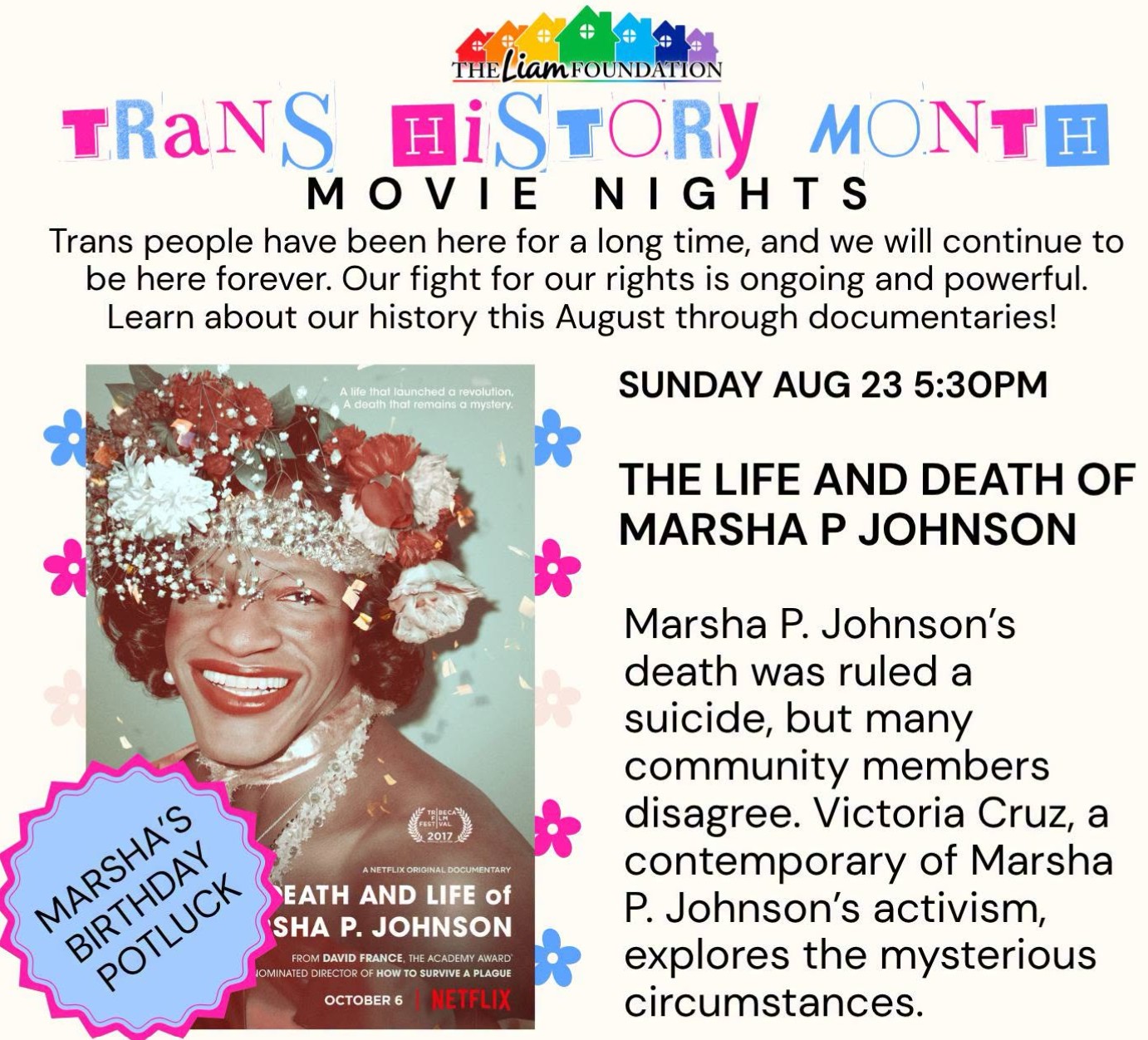 Marsha P. Johnson Birthday Documentary and Potluck