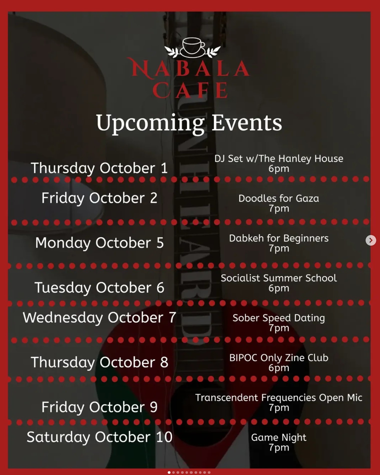 Nabala Cafe Events, Oct 1-10